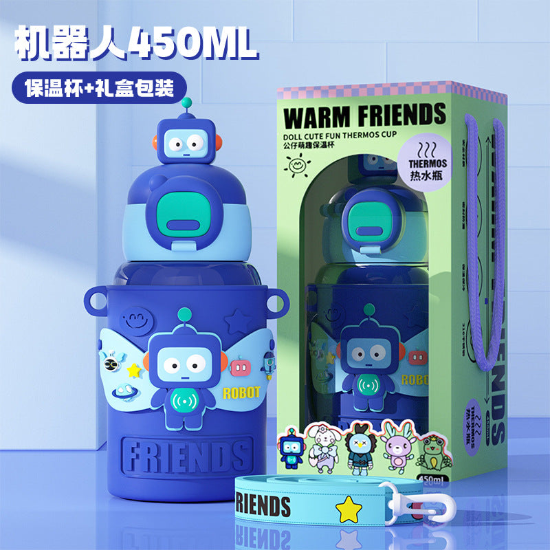 Cute and fun kids' insulated water bottle - 316 stainless steel, food-grade, cartoon design, portable student straw cup