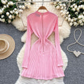 French retro chic: high-end, fashionable, notched collar, long sleeve, metal buckle, cinched waist, slimming, elegant knit dress