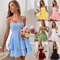 summer pure cotton square neck camisole a-line mini dress - sweet, fresh, high-waisted, bow-tie, slim-fit dress