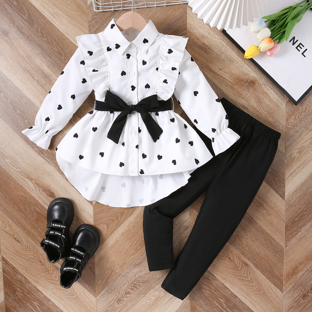 children's wear cross-border autumn new arrivals: girls' fashionable longline shirt dress with belt and leggings set