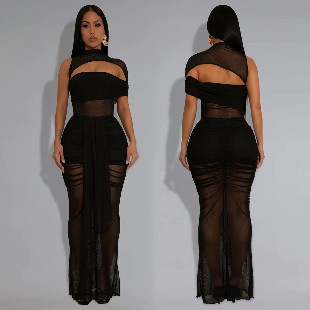 C7492 cross-border   fashion women's sexy see-through mesh sleeveless evening dress