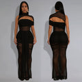 C7492 cross-border   fashion women's sexy see-through mesh sleeveless evening dress