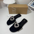 2024 summer new flat sandals with heart-shaped rhinestone buckle, open back, round toe, fashionable women's shoes for outdoor wear