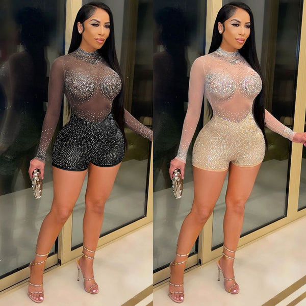 X5165 European and American fashion   sexy round neck long-sleeved nightclub party hot diamond see-through jumpsuit