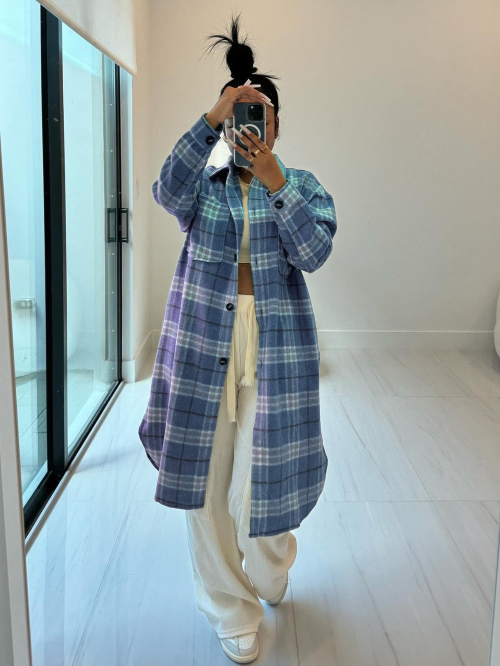 spring new arrivals: european and american style women's fashion - lapel collar pocket wool blend plaid shirt
