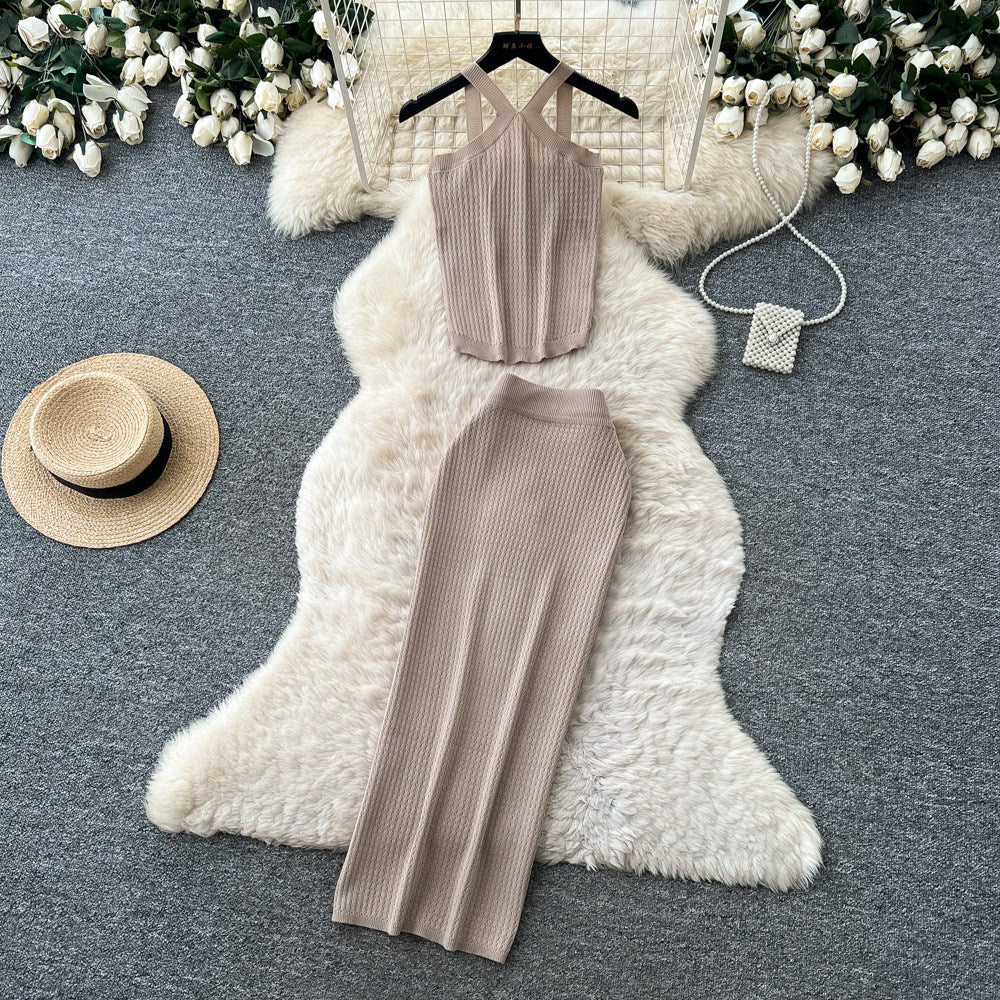 Sexy holiday style knittinghalter vest lazy high waist slit skirt women's summer elegant two-piece setwork clothing