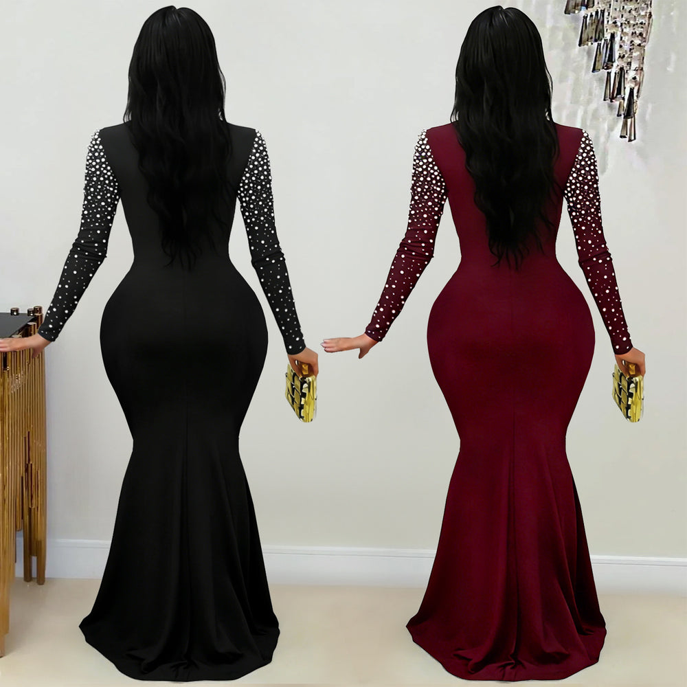 C7622 cross-border   fashion women's elegant high-neck rhinestone and beaded bodycon dress