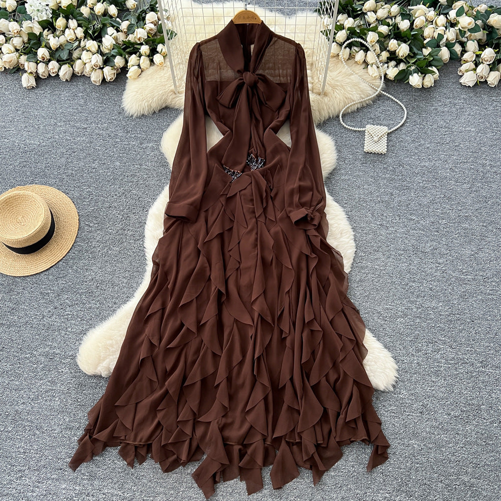 French chic bow-tie long sleeve ruffle hem dress - autumn slimming elegance