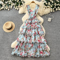 French floral sweet princess style dress - women's summer v-neck sleeveless high-waisted a-line maxi dress - commute chic