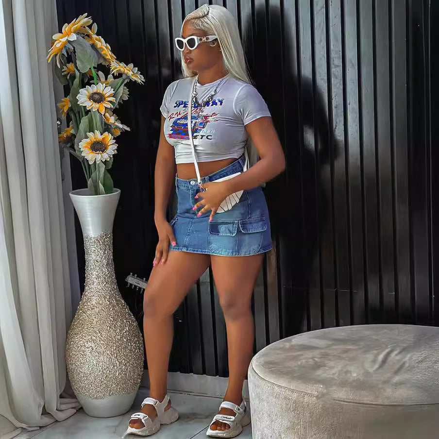 Fashion cross-border women's clothing  women's high waist denim skirt sexy hot girl multi-pocket workwear hip skirt