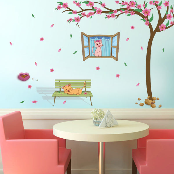Romantic peach blossom love cat sticker porch children's room kindergarten crib arrangement decorative wall sticker SK9336