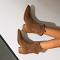 new women's short western cowboy boots - suede, chunky heel, pointed toe, v-cut, slimming, british style, retro ankle boots