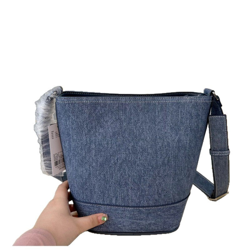 MLB casual retro denim bucket bag fashion letter embroidery portable shoulder women's bag versatile fashion tote bag