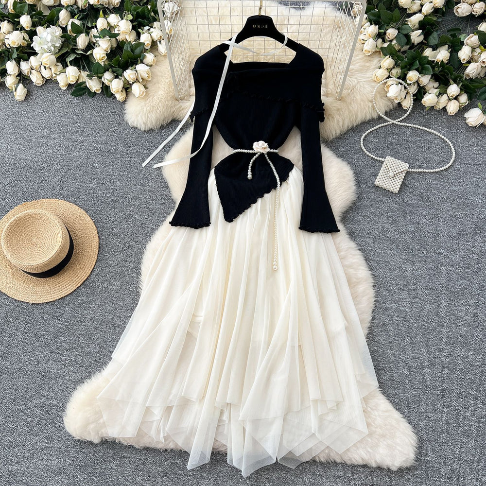 French chic floral collar long sleeve knit & mesh asymmetrical fairy dress - trendy & fluffy