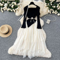 French chic floral collar long sleeve knit & mesh asymmetrical fairy dress - trendy & fluffy