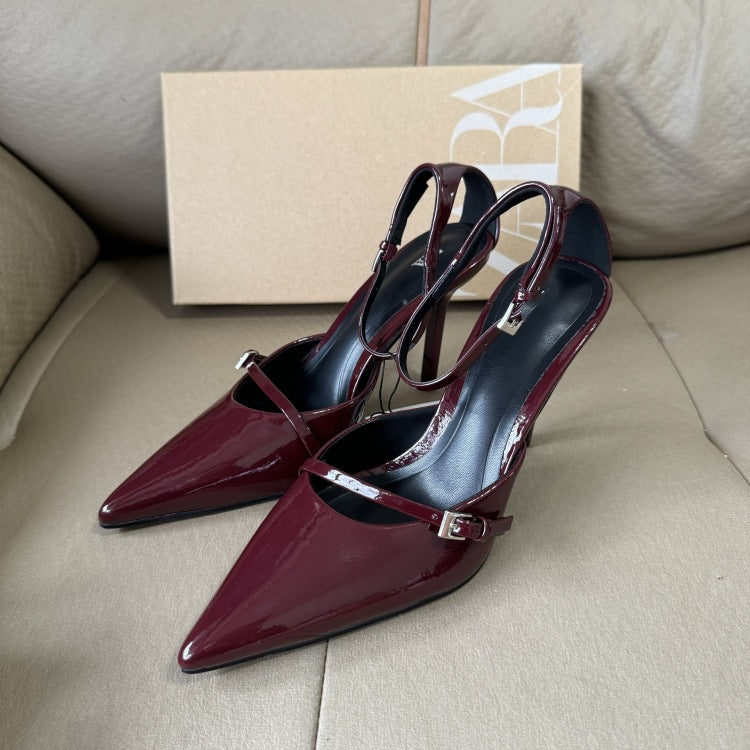 Spanish 2025 summer new pointed-toe hollow-out women's shoes - burgundy patent leather stiletto heel mules