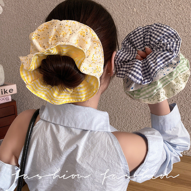 Forest style yellow plaid large intestine hair tie for women classy sense of pastoral lazy style hair rope ball head tie hair headwear