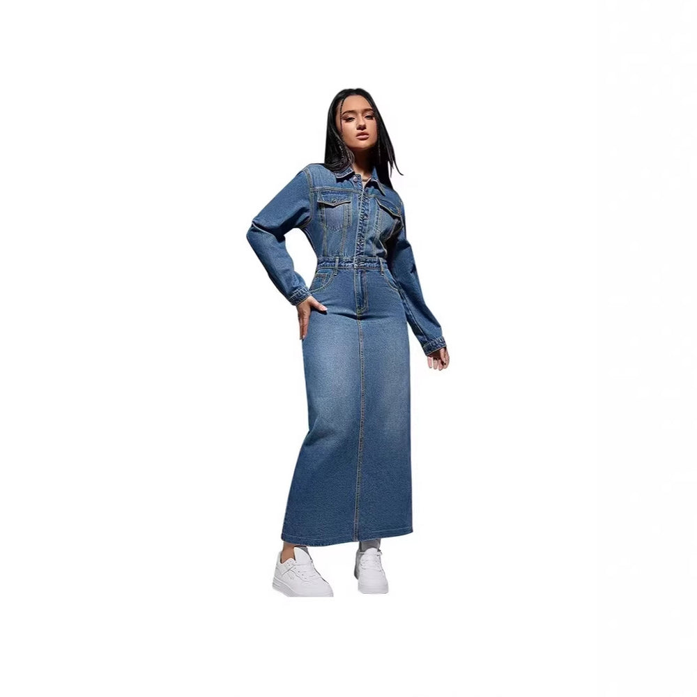 European and american new arrival cross-border women's clothing   long sleeve lapel button slit long fashionable dress for women