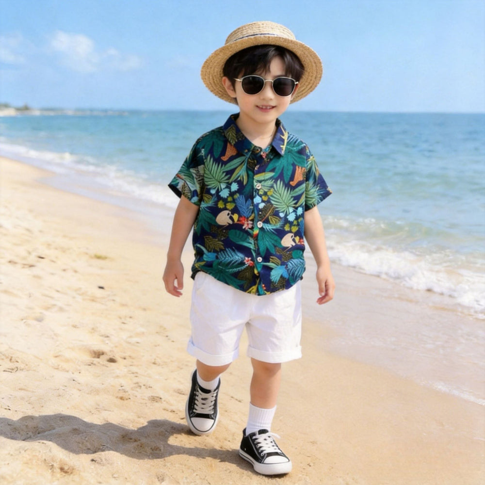 Korean style boys' summer outfit: floral shirt set for toddlers and young children - collared printed short-sleeve shirt + rolled-hem white shorts two-piece set