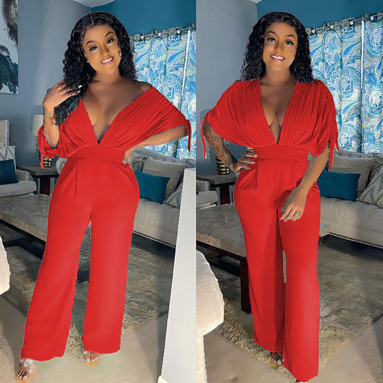 Spring/summer hot seller: european and american cross-border women's fashion -  style sexy solid color drawstring short sleeve loose wide leg jumpsuit