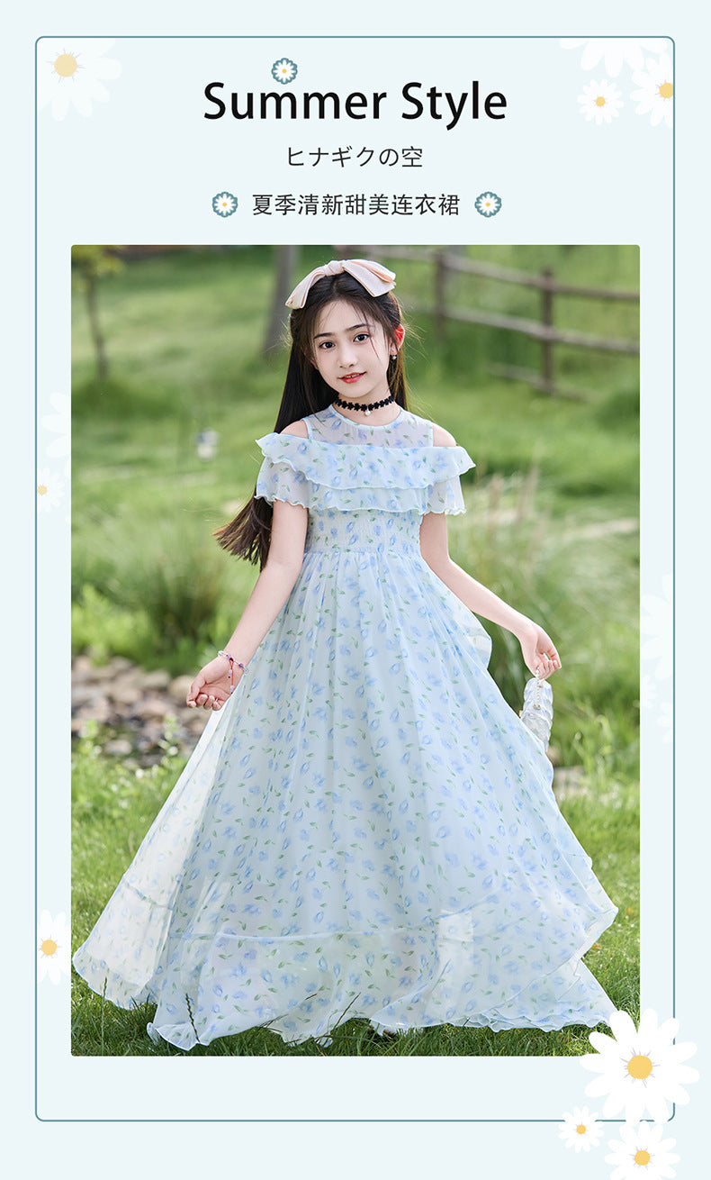 Girls' floral print princess dress - long, chiffon, summer style, new fashion, girls' dress, vacation style, mori girl, pastoral style