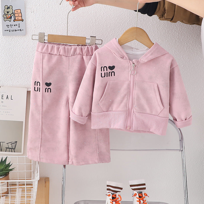 new trendy kids' fashionable baby spring/autumn letter & heart hooded long sleeve two-piece set - girls' spring outfit