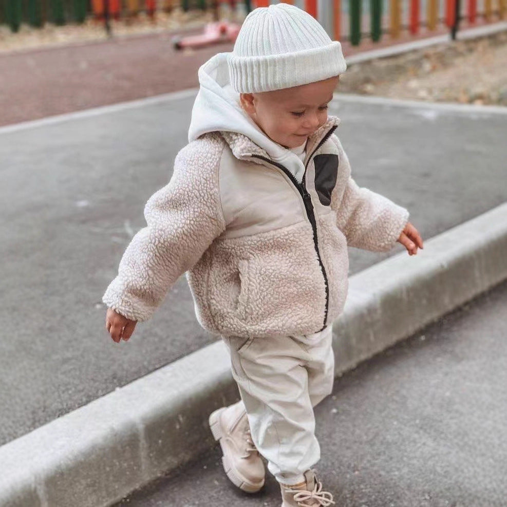 Girls' winter cotton-padded coat: loose-fit, lambswool trim, fleece-lined sweatshirt, unisex thickened warm outerwear