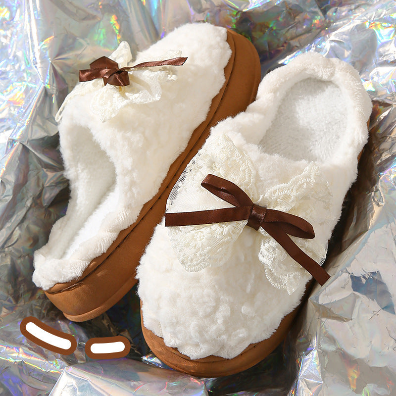 Sweet bowknot cotton slippers for women, new winter 2025 indoor home fleece-lined warm non-slip cotton slippers for ladies