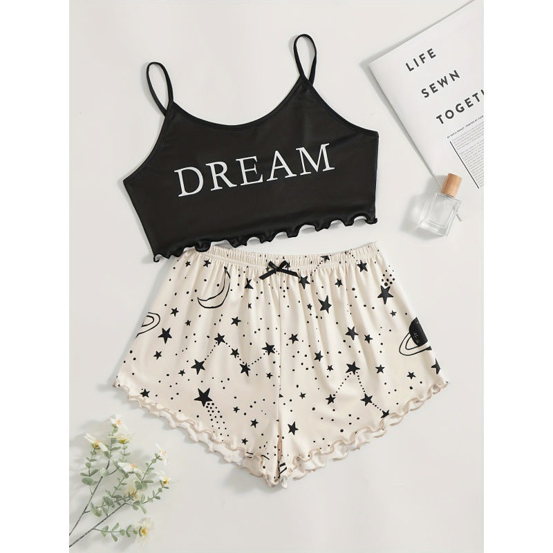 women's pajamas summernew arrival sling off-shoulder home cute printed pajamas home wear night wear