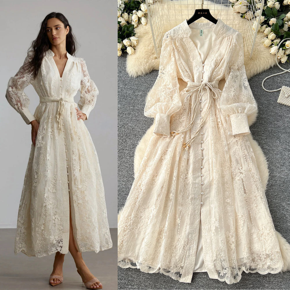 French high-end women's dress - spring  collection: cinched waist, exquisite embroidery, v-neck, lantern sleeves, single-breasted long dress