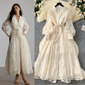 French high-end women's dress - spring  collection: cinched waist, exquisite embroidery, v-neck, lantern sleeves, single-breasted long dress
