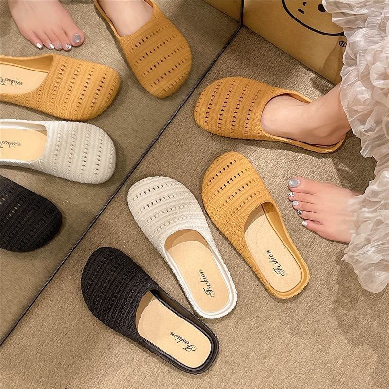 Mesh breathable woven cut out toe-cap half slippers for women summer outwear lazy one-leg half slippers mule roman sandals