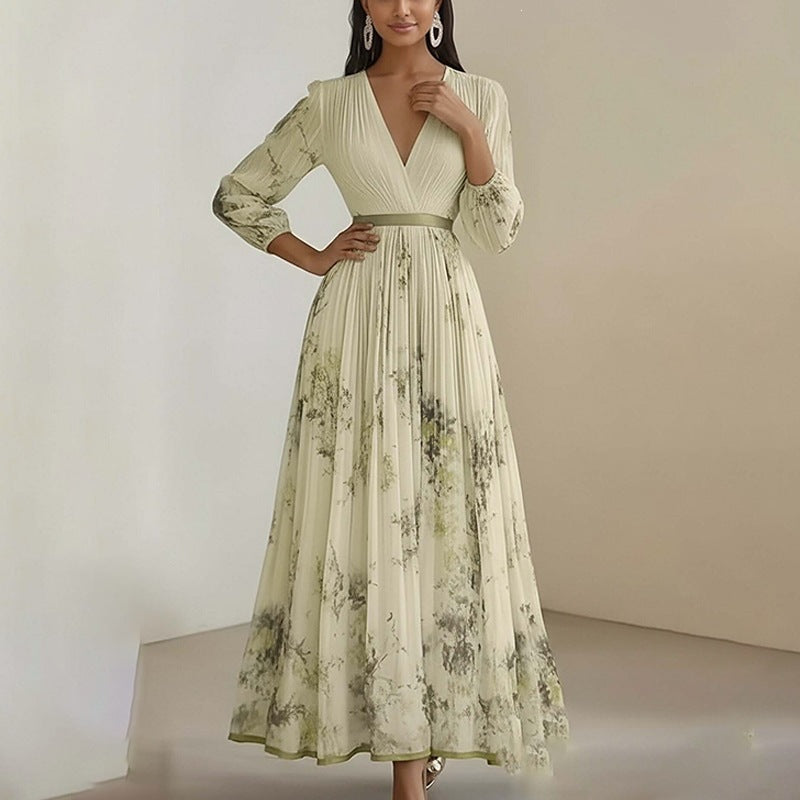 women's summer new arrivals:  cross-border fashion - elegant v-neck printed waist-cinching dress (us/eu style)
