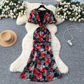 French romantic print bubble sleeve dress - women's summer mesh panel slim fit mermaid maxi dress
