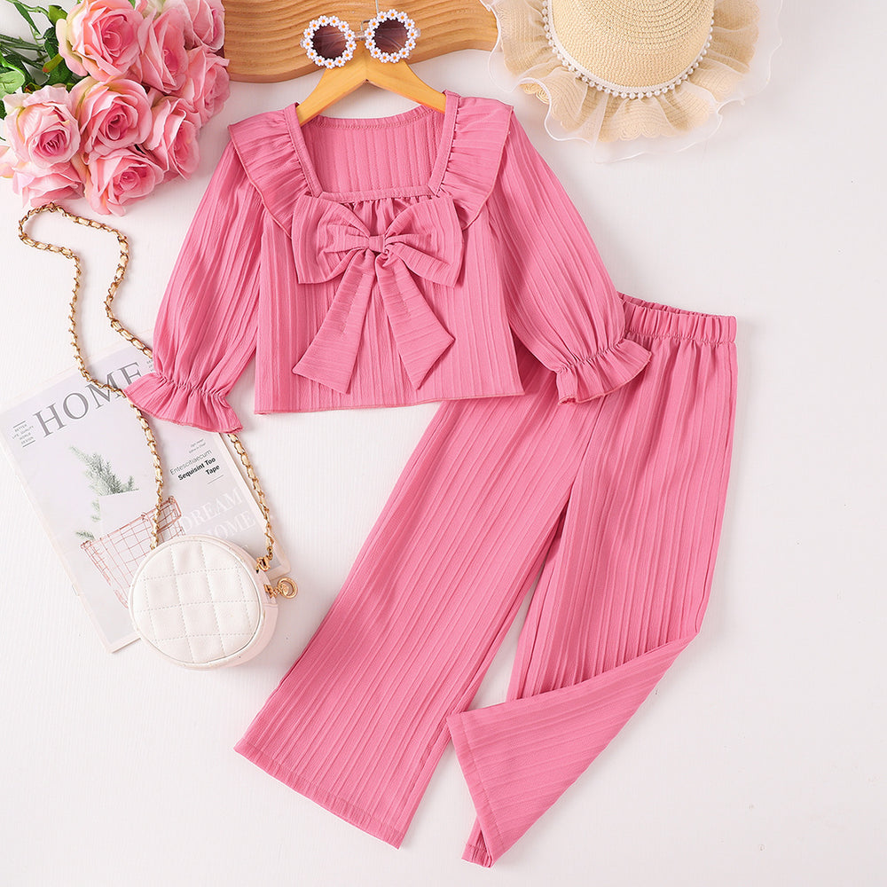 Girls' fall two-piece outfit: pink lace-trimmed square neck long sleeve top with bow-tie pants