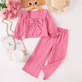 Girls' fall two-piece outfit: pink lace-trimmed square neck long sleeve top with bow-tie pants
