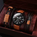 Black dial red text coffee belt + brown bracelet set
