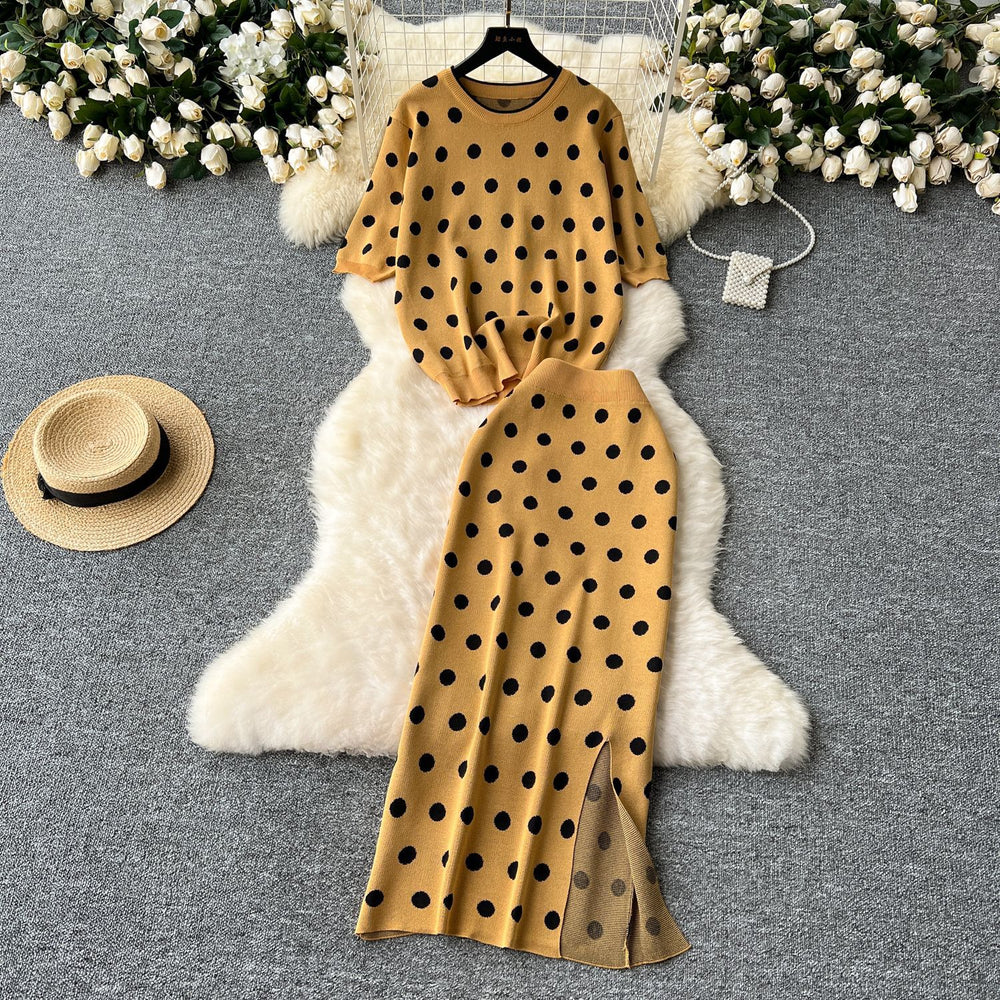 Elegant knitted set for women: high-end polka dot crewneck short sleeve top + midi slit knit skirt