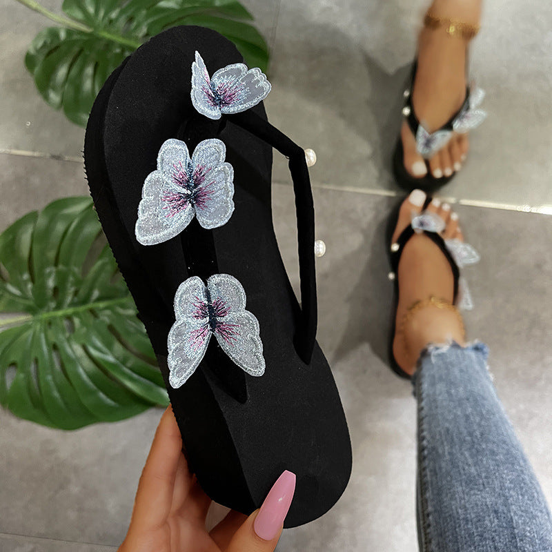 2024 summer new korean style wedge heel slippers women's lace butterfly pearl platform thick sole sandals flip flops