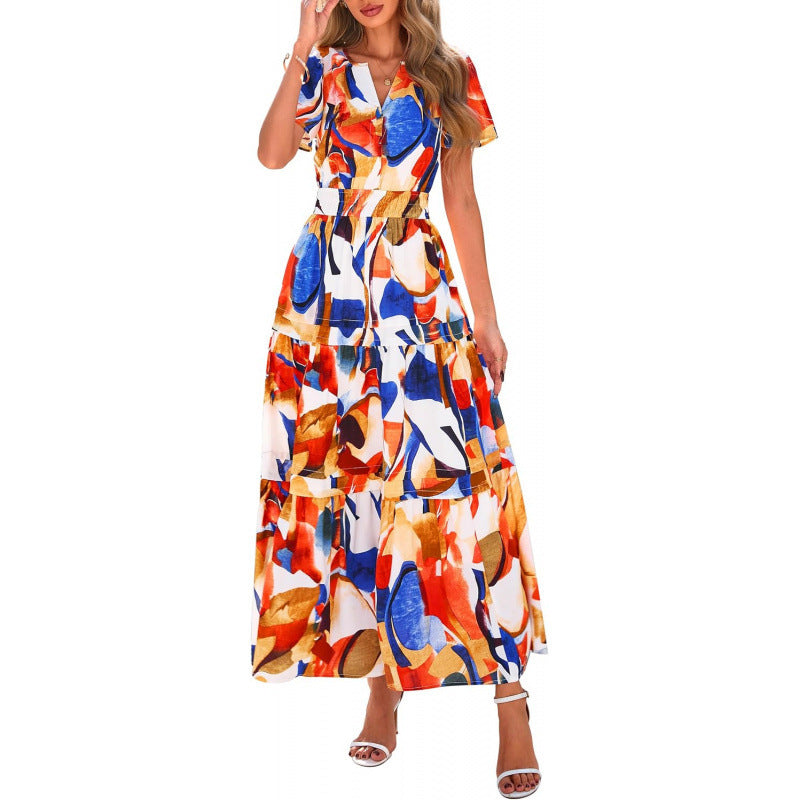 european and american retro floral short-sleeve v-neck dress - women's  summer new arrival a-line flowy vacation dress