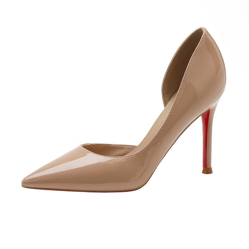 2026 new red sole pointed-toe side cutout sexy nude high heels - stunning stiletto elegant black patent leather pumps