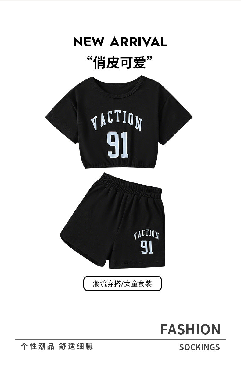girls' activewear set: black letter print drawstring short-sleeve top and shorts - kids' summer two-piece outfit