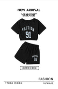 girls' activewear set: black letter print drawstring short-sleeve top and shorts - kids' summer two-piece outfit