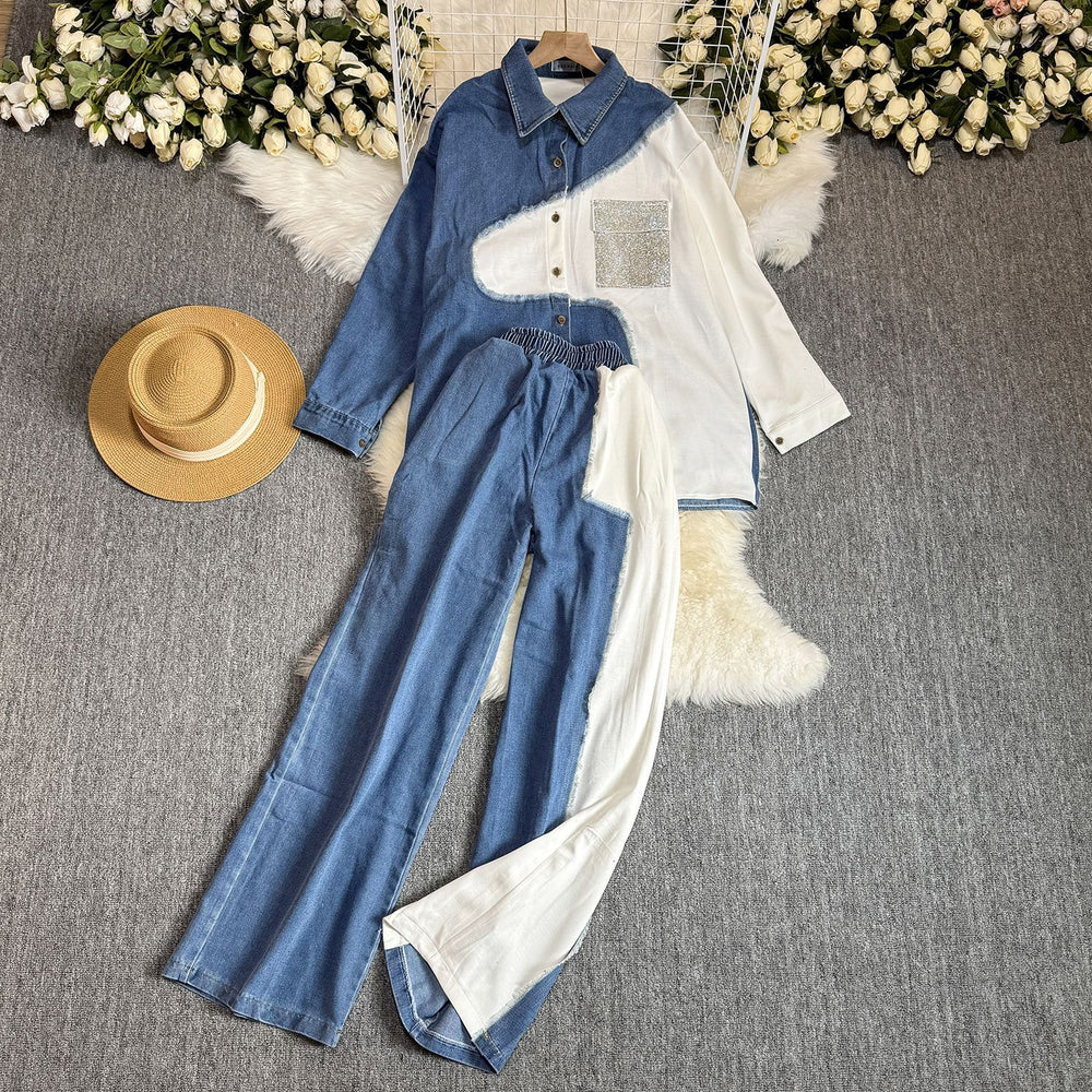 Hong kong style retrocasualsuit women's k-stylecontrast colorpatchwork denim shirt + high waistlooseloose pantstwo-piece set