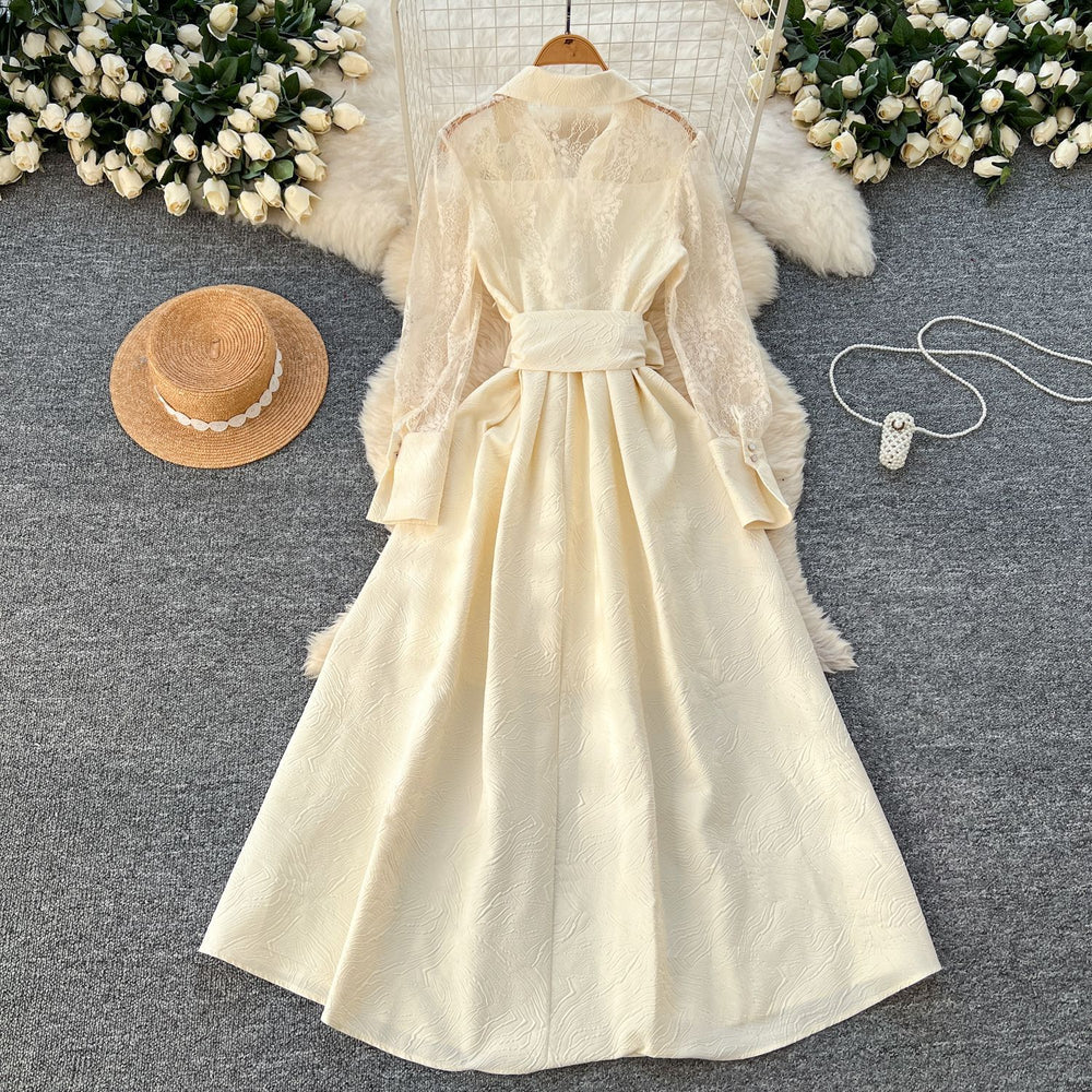 Vintage-inspired, luxe, and high-end polo collar dress - women's summer mesh embroidered textured design, unique and elegant maxi dress