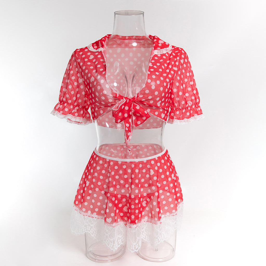 European and American  vacation, sexy and sweet red polka dot printed chest straps, cardigan three-piece set 3807
