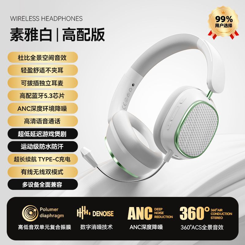 Gaming headset wireless bluetooth over-ear headphones with deep bass, noise cancellation, universal compatibility for mobile phones, and yan cai active noise reduction