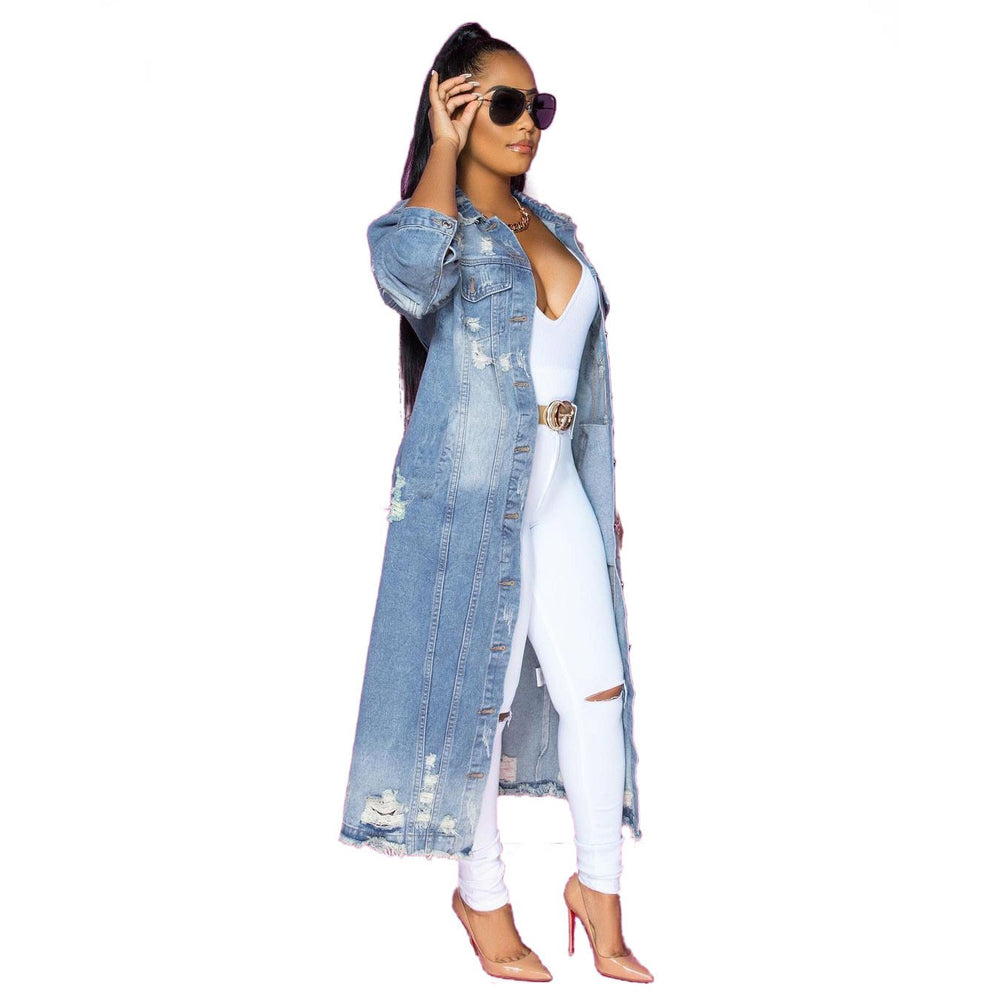 Amazon  women's denim jacket  european and american new trendy washed blue distressed slim-fit denim windbreaker