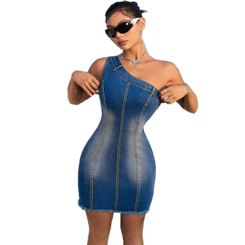 Fashion cross-border  waist-slimming elastic washed denim one-step skirt sleeveless slanted shoulder tassel dress for women