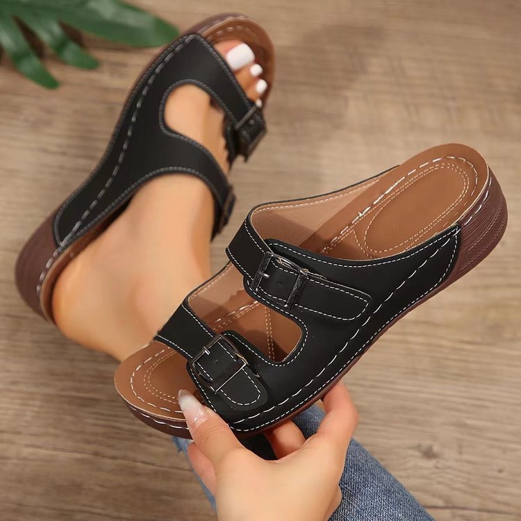 European size exportplus sizethick sole belt buckle flip-flops women's cross-slope heel stitching open toe beach sandals